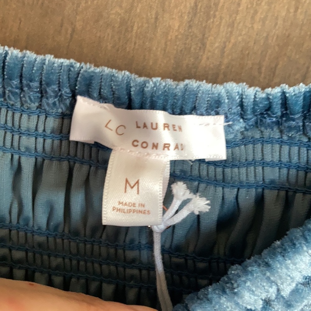 LC Lauren Conrad smocked flounce hem velvet dress duller blue size M - Picture 10 of 17